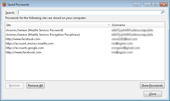 Firefox saved password dialog box