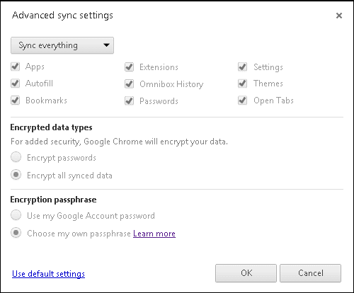 Chrome sync settings