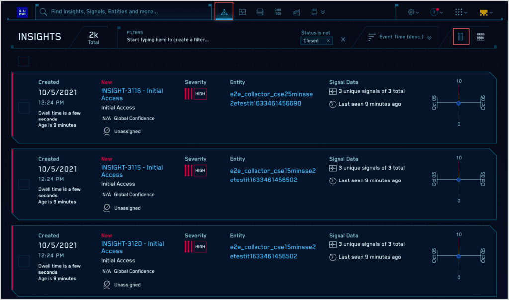 A screenshot of the Insights dashboard on the Sumo Logic SIEM platform.