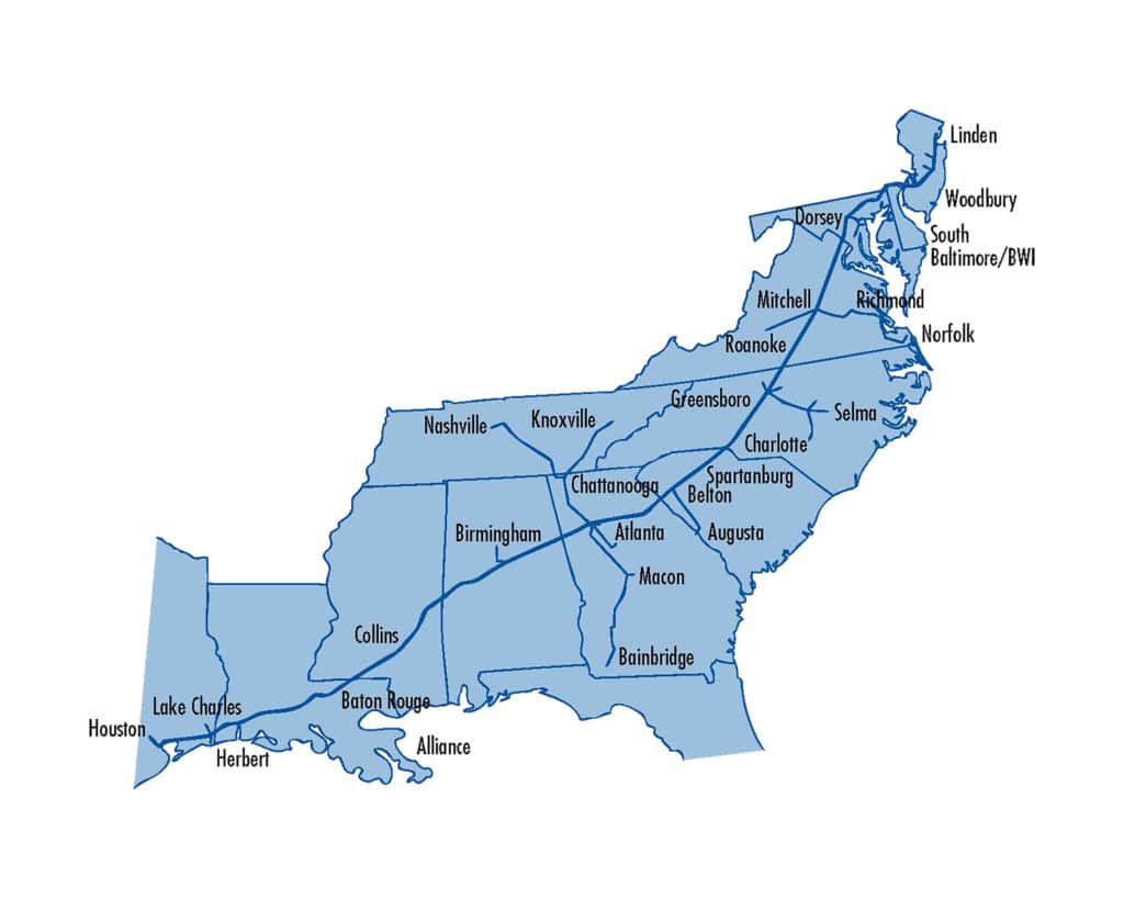 A map of the southeastern United States showing the Colonial Pipeline from Texas to New Jersey.