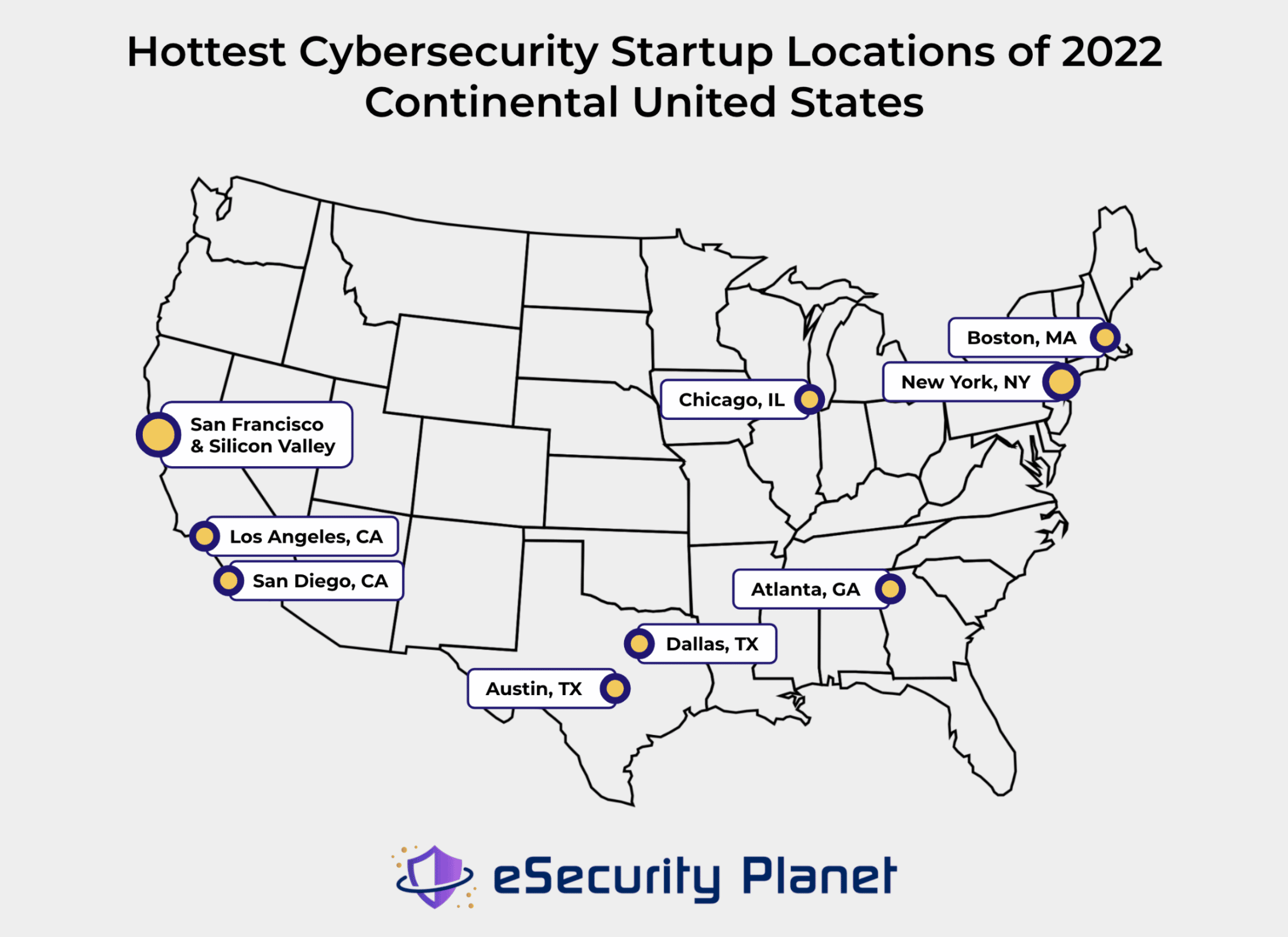 A graphic image showing the top cybersecurity startup locations of 2022. Designed by Sam Ingalls.