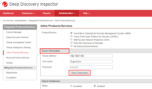 Trend Micro’s interface for enabling an inline TippingPoint IPS for a server.