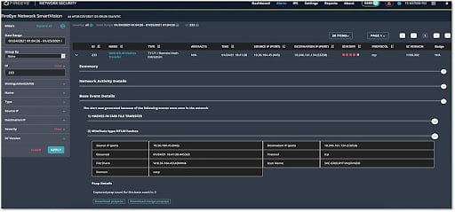 The dashboard for FireEye Network Security solution shows searchable event data.