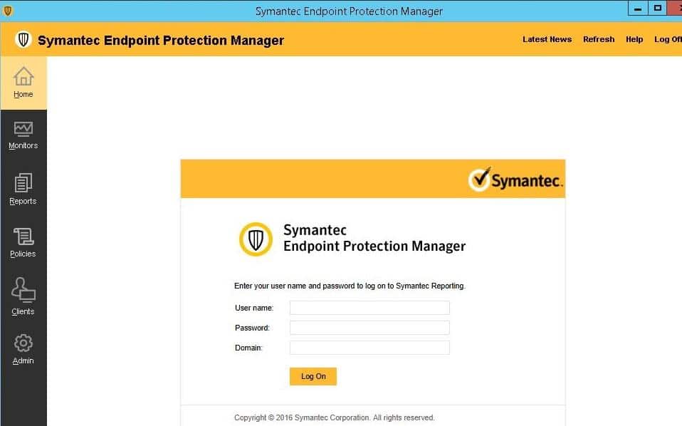 Symantec Endpoint Protection Manager login dashboard