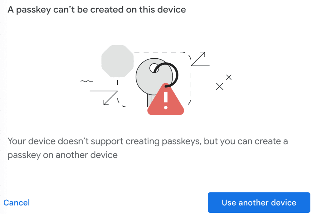 Passkey creation error message.