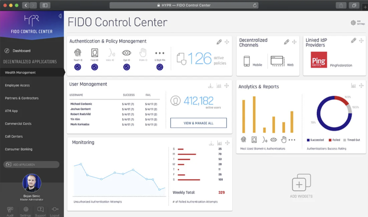 HYPR FIDO Control Center wealth management interface