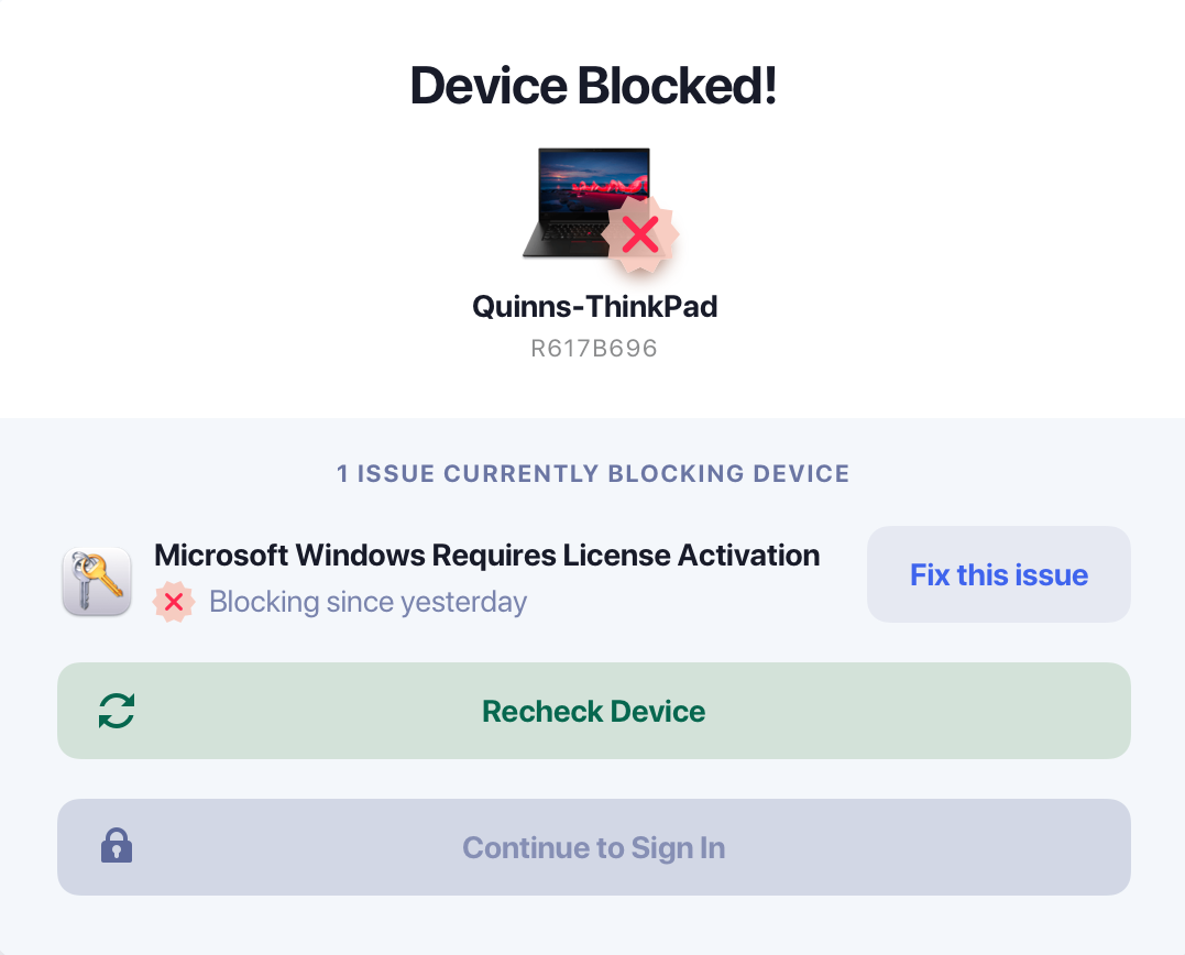 Device blocked notification stating Microsoft Windows requires a license activation in the Kolide platform.
