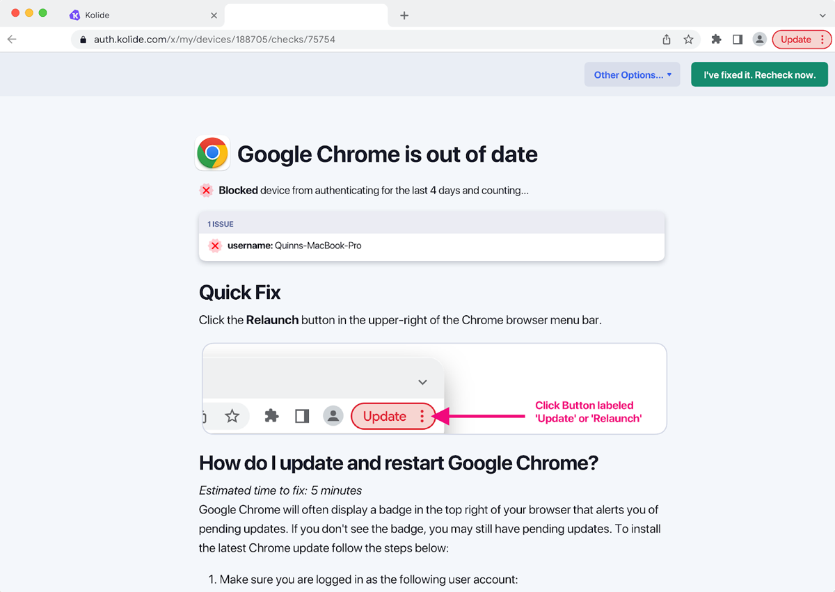 Google Chrome out of date screenshot on the Kolide platform.